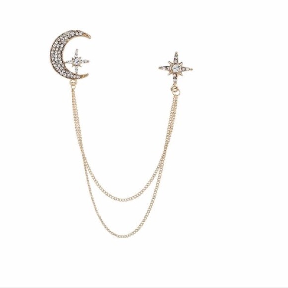 Fashion Rhinestone Star Brooch Pin Crystal Tassel Chain Lapel Pins - Picture 4 of 5